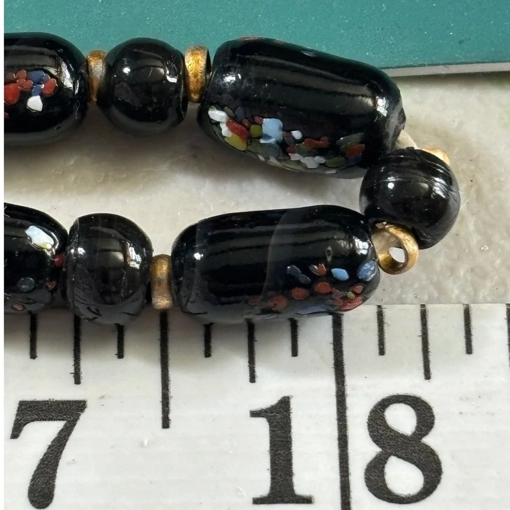 VTG Venetian or‎ Murano Black Glass Confetti Bead Necklace Multicolor